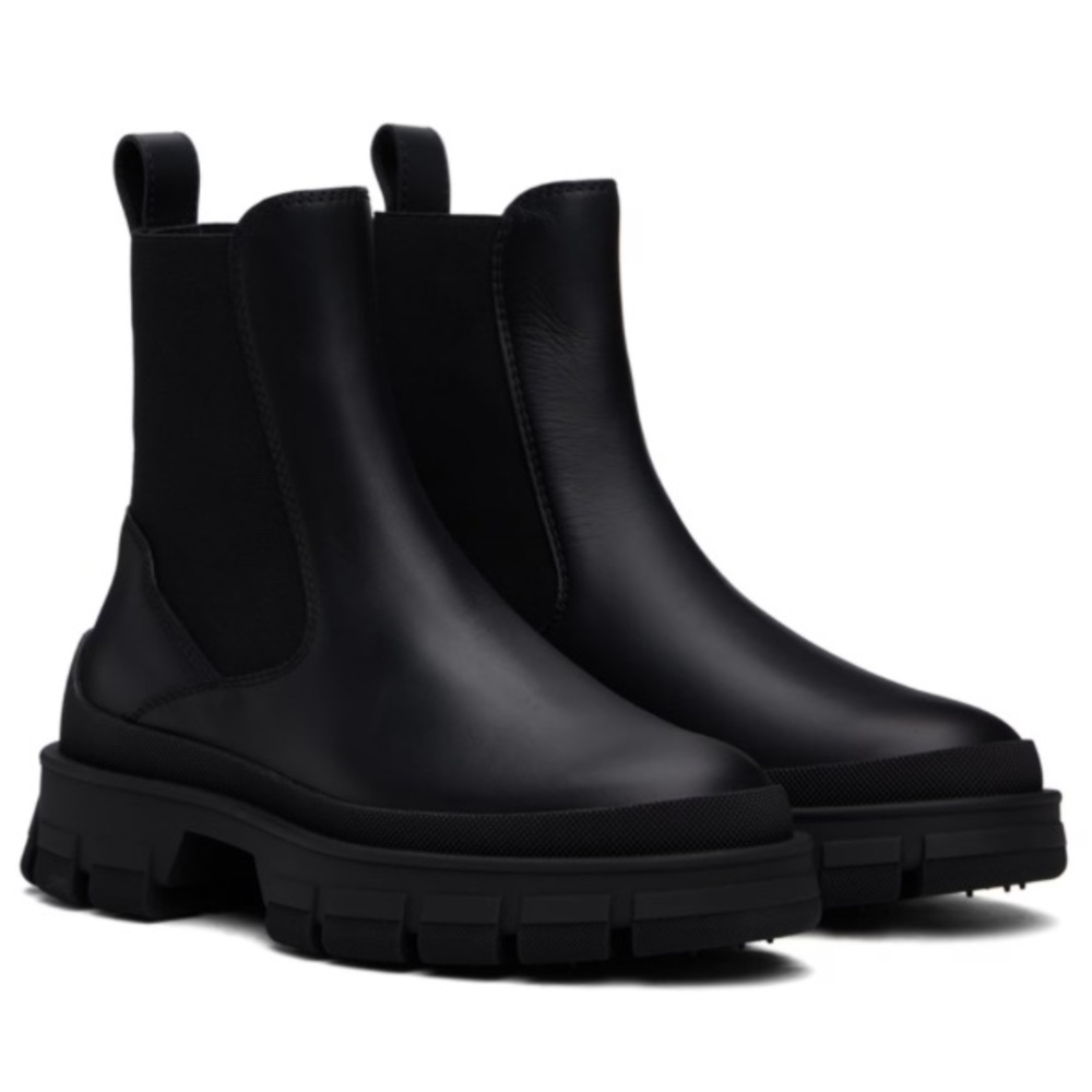 Moncler Hevea Lug Sole Chelsea Black Leather Pull On Boot (Women) NIB Sz 37 / 7